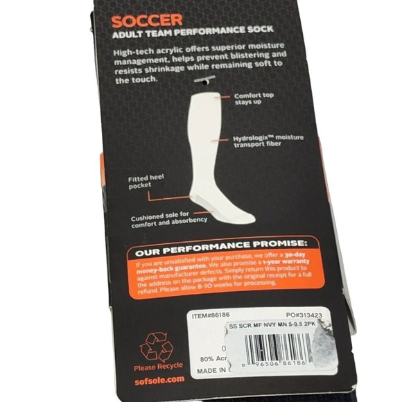 SofSole 2 Pair Pack Soccer Performance Socks Blue Men Size M Shoe Size 5-9.5 - Picture 4 of 4